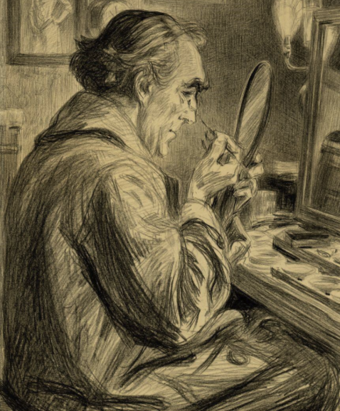 Sir Henry Irving Making up for a Performance Paul Renouard 1845 1924. Original drawing used here by kind permission of The Art Archive and The Garrick Club aspect ratio 303 367